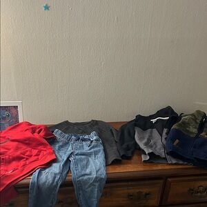 Kids Clothing Bundle - Red Hoodie, Blue Jeans, Gray Tops
